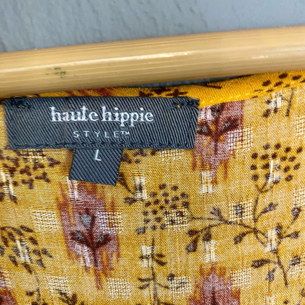 Haute Hippie Yellow Ikat Floral Flutter Sleeve Boho Blouse - Size L - Picture 4 of 8
